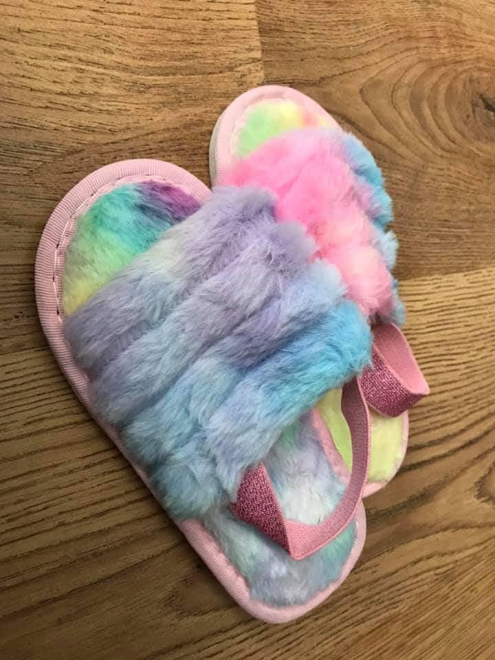 Rainbow fluffy sling back slippers