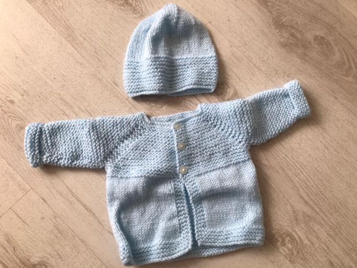 (2) handmade knitted blue cardigan and hat set 0-3 months