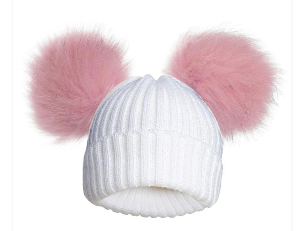 Pink/white double pompom hats - newborn upto 12 months