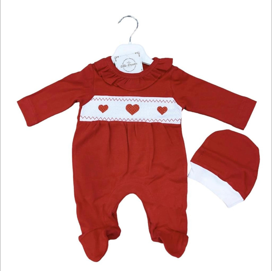 Heart smocked sleepsuit and hat