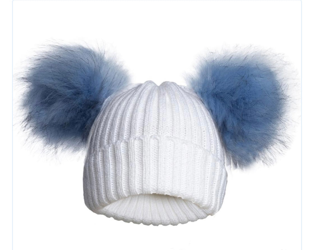 Blue/white double pompom hats - newborn upto 12 months