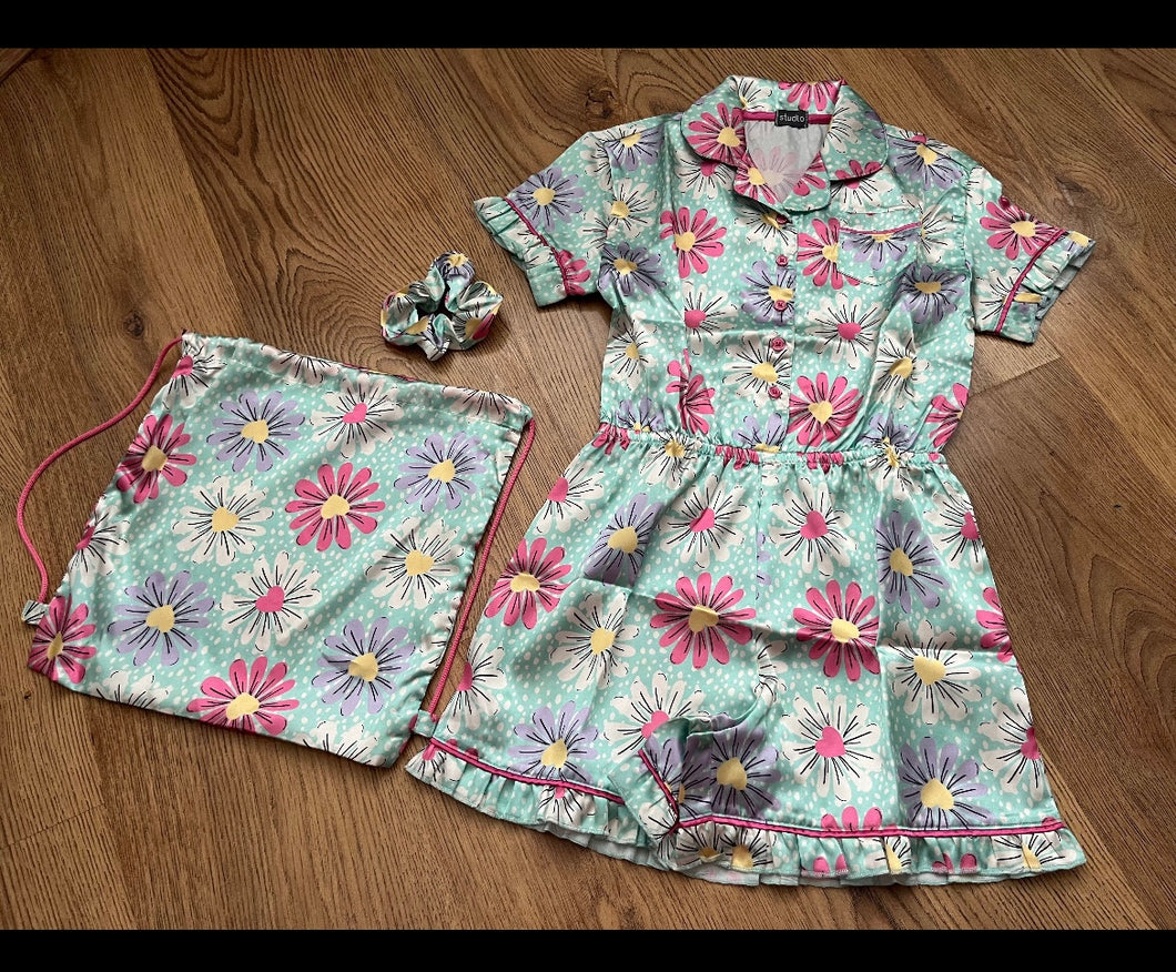 Satin playsuit pyjama set with bag and scrunchie
